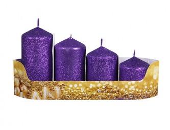 Svíčky adventní STUPŇOVITÉ glitrované d5x6/7,5/9/10,5cm 4ks