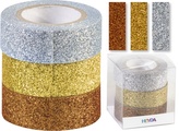 Páska lepicí papírová 3ks: 1,5cm x 3m s glitry měď/zlatá/stříbrná