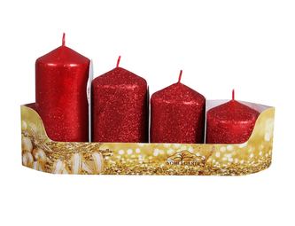 Svíčky adventní STUPŇOVITÉ glitrované d5x6/7,5/9/10,5cm 4ks