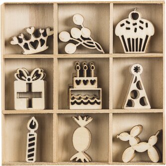 Dřevěné ozdoby v boxu 45ks - narozeniny - 9 motivů po 5 ks, rozměr motivu: 3x3cm.