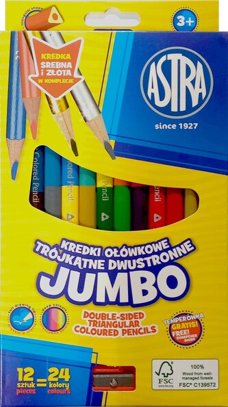 ASTRA Trojhranné oboustranné pastelky JUMBO 12 ks, 24 barev (včetně zlaté a stříbrné)
