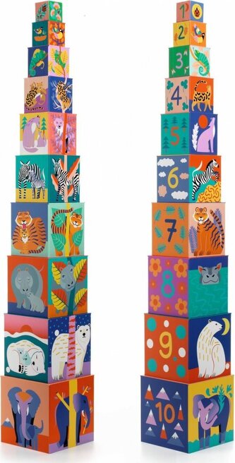 DJECO Skládací věž z kostek Divoká zvířátka