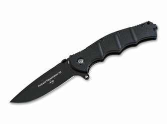 Böker Plus 01KAL105 AK101 2.0 vreckový taktický nôž 10,3 cm, celočierna, syntetika, rozbíjač skla