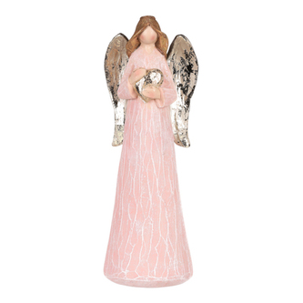 Anděl růžový, zlatá křídla a srdce v ruce, polyresin.