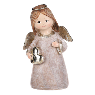 Andílek stojící hnědý, zlatá křídla a srdíčko v rukou, polyresin.