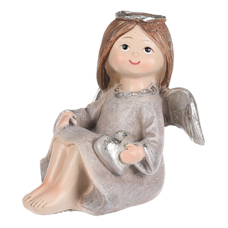 Andílek sedící šedý, stříbrná křídla a srdíčko v rukou, polyresin.