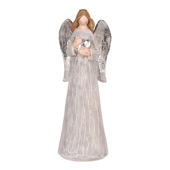 Anděl šedý, stříbrná křídla a srdce v ruce, polyresin.