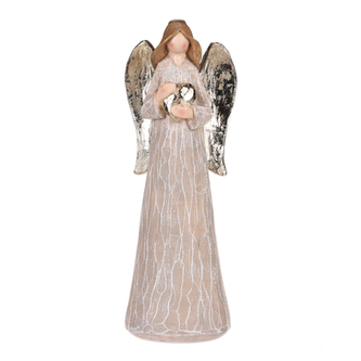 Anděl hnědý, zlatá křídla a srdce v ruce, polyresin.