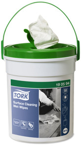 Utěrky čisticí vlhčené na povrchy Tork, 58 útržků, 27 x 27 cm, 15,7 m, bílé, v kbelíku, W10