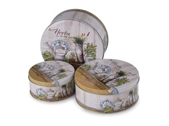 Plechová kulatá dóza Herbs, set 3 ks, 200x90/185x80/140x65mm