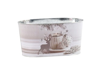 Květináč plechový 225x113mm oválný vánoční čas, bílá, stříbrná