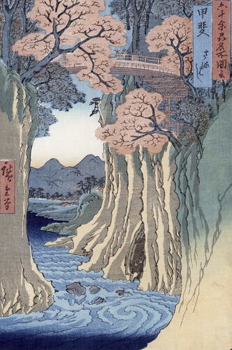 Obrazová reprodukce The monkey bridge in the Kai province,, Ando or Utagawa Hiroshige, 26.7 × 40 cm