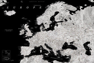Plakát, Obraz - Blursbyai - Black and grey Europe map, 60 × 40 cm