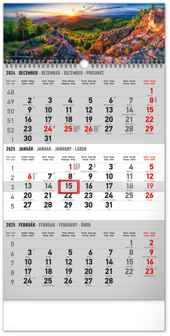 Nástenný kalendár 3-mesačný Krajina šedý – so slovenskými menami 2025, 29,5 × 43 cm