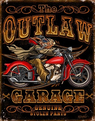 Plechová cedule Outlaw Garage Bikes, 31.5 × 40 cm