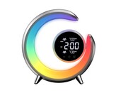 LED noční lampička, budík Immax PEACOCK s hodinami, RGB světlem a USB portem, stříbrná