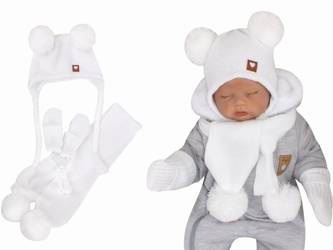 Z&Z Pletená čepice s bambulemi, šálou a rukavičky 3v1, bílá; 56/62 (0-3m)