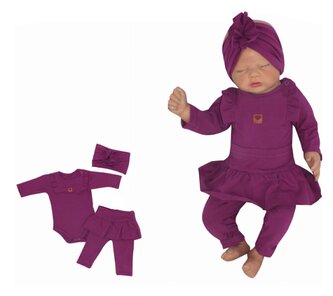 Z&Z 3-dílná soupravička body, legíny se sukničkou a čelenka - fialová, vel. 62; 62 (2-3m)