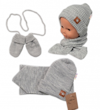 Baby Nellys Pletená čepice s šálou a rukavičky 3v1, STAR - šedá; 56/62 (0-3m)