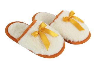 Australské meríno pantofle 520g/m2 - bílý beránek/oranžová stuha - velikost 41-42
