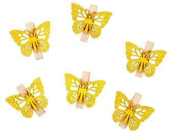 Dřevění motýli 4cm s kolíčkem - žlutý mix 6ks