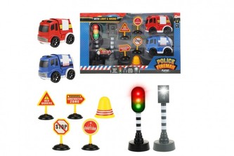 Auto 2ks policie,hasiči+semafor,radar,značky plast na bat. se zvukem se světlem v krab. 38x22,5x7cm