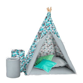 Dětský luxusní stan s výbavou Teepee Akuku tyrkysovo-šedý