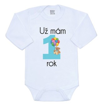 Body s potiskem New Baby Už mám 1 rok modré - velikost 86 (12-18m)