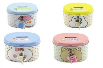 Pokladnička se zámkem plech 10x6x7cm asst 4 druhy v sáčku