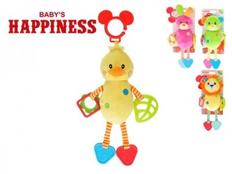 Zvířátko plyš 20cm s chrastítkem a kousátky Baby´s Happiness asst 4 druhy na kartě v sáčku 0+