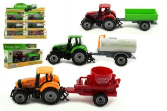 Traktor s přívěsem plast/kov 19cm asst 3 druhy v krabičce volný chod 12ks v boxu