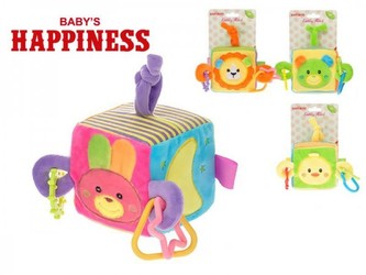 Kostka plyš 10cm s chrastítkem a kroužky Baby´s Happiness asst 4 druhy na kartě v sáčku 0+