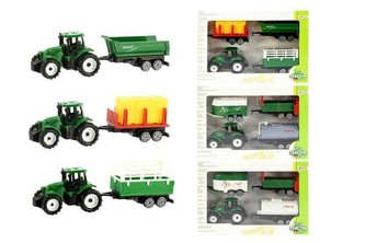 Traktor mini 7cm s přívěsem 3ks plast asst 4 druhy volný chod v krabičce