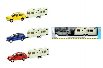 Auto s karavanem kov/plast 29cm na zpětné natažení 4 barvy v krabičce (1 kus)