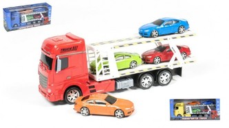 Auto přepravník + 4 auta plast 45 cm na setrvačník, 3 barvy (1 sada v krabici)