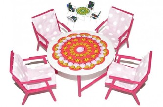 Nábytek pro panenky stůl + 4 židle se sedáky asst v sáčku 17x13x16cm