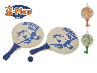 Plážová sada pálky 2ks dřevo 38x24cm s míčkem asst 3 barvy v síťce