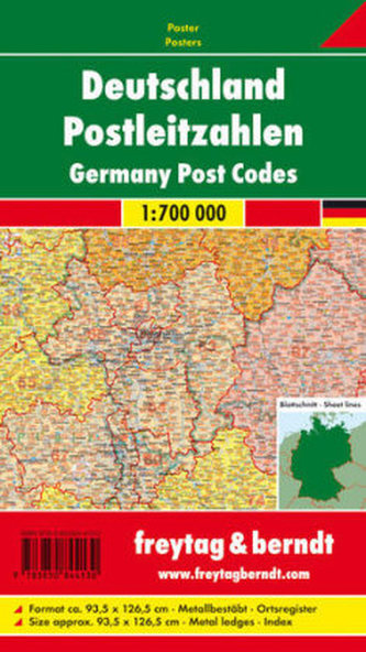 Freytag & Berndt Poster Deutschland, Postleitzahlen, mit Metallstäben. Germany, Post Codes