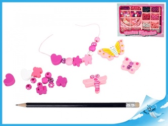 Korálky navlékací dřevěné růžové v krabičce