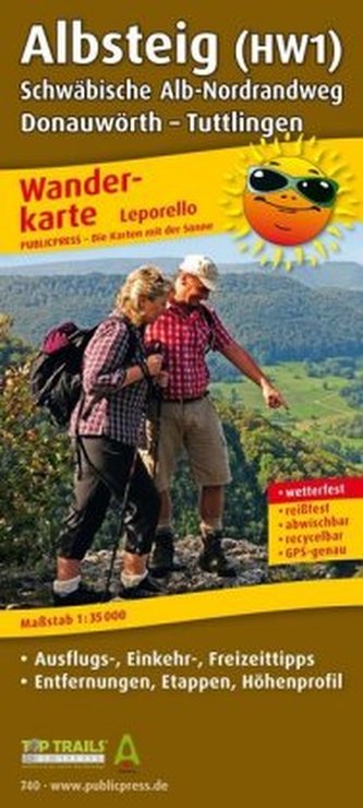 PublicPress Leporello Wanderkarte Albsteig (HW1), Schwäbische Alb-Nordrandweg, Donauwörth - Tuttlingen