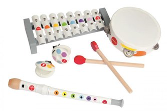 Dřevěná sada hudební nástroje pro děti Confetti Janod flétna-tamburína-xylofon-kastaněty