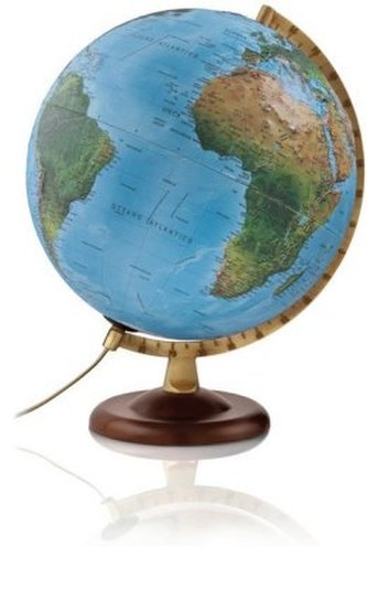 R4 gold 3D-Doppelbild-Leuchtglobus, Holzfuß walnußfarben u. goldfarbener Metallmeridian