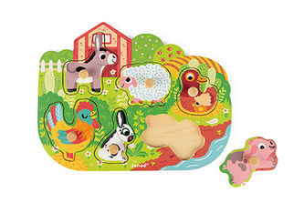 Dřevěné puzzle na vkládání s úchytkou Zvířata na farmě Janod od 1 roku