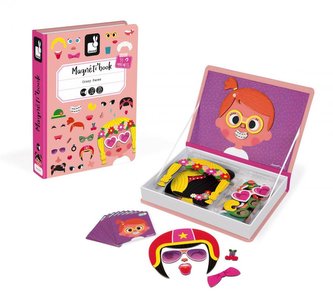 Magnetická kniha skládačka Zábavné obličeje Dívky Magnetibook Janod od 3 let