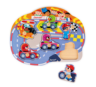 Dřevěné puzzle na vkládání s úchytkou Závody Janod od 1 roku