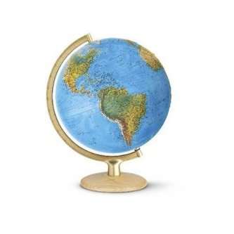 Leuchtglobus mit 3D-Oberfläche, Holzfuß hell und goldfarbener Metallmeridian (FRI 3025)