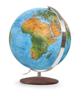 Doppelbild-Leuchtglobus, Meridian Edelstahl, Holzfuß Thermoesche