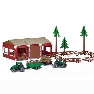 Sada farma se stájí, traktory a zvířaty