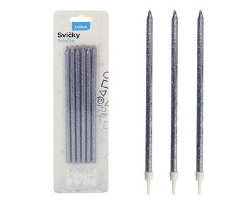 Svíčka 12ks, PARTY GLITR STŘÍBRNÁ LUMA