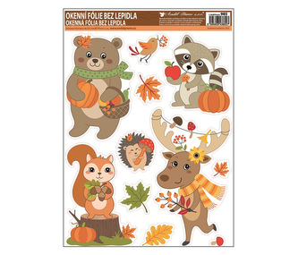 Okenní fólie s glitry 42x30 cm, podzimní zvířátka,985